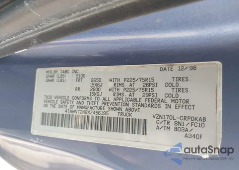 1999 Toyota Tacoma z USA, uszkodzony, nr VIN 4TAWN72N8XZ456195